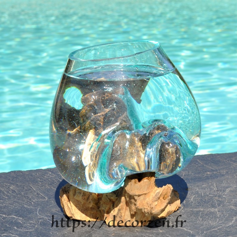 Verre à duo ou vase en verre recyclé soufflé sur du bois flotté, le vase est amovible pour le laver en machine Verre à duo ou vase en verre recyclé soufflé sur du bois flotté, le vase est amovible pour le laver en machine