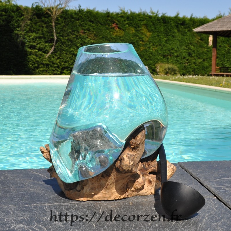 Verre à duo ou vase en verre recyclé soufflé sur du bois flotté, le vase est amovible pour le laver en machine Verre à duo ou vase en verre recyclé soufflé sur du bois flotté, le vase est amovible pour le laver en machine