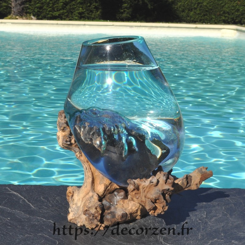 Vase ou terrarium en verre recyclé soufflé en fusion sur du bois flotté, le vase est amovible pour le laver Vase ou terrarium en verre recyclé soufflé en fusion sur du bois flotté, le vase est amovible pour le laver