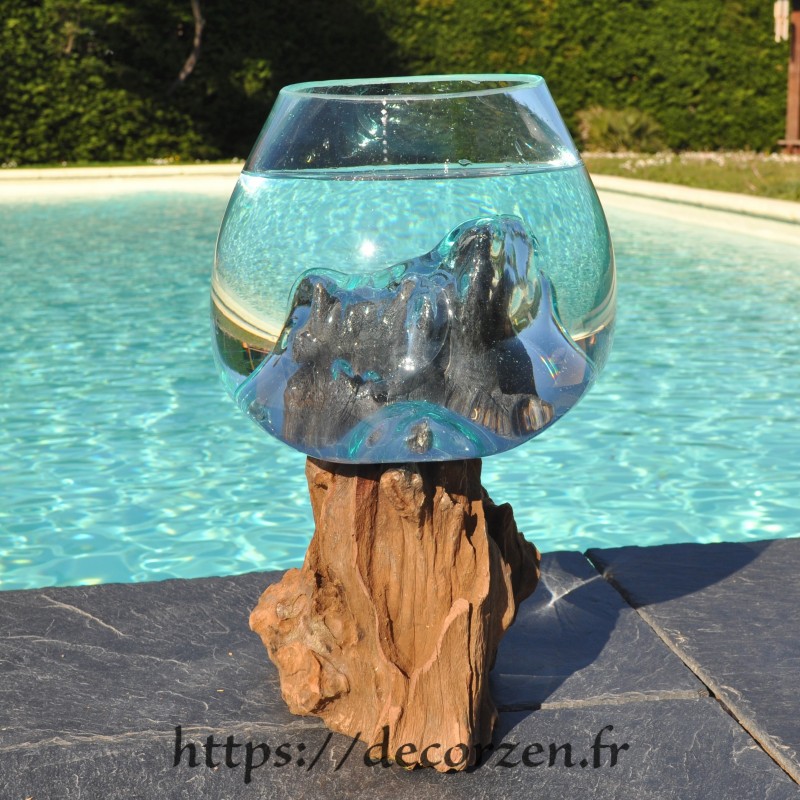 bol à cocktail ou  vase en verre recyclé soufflé en fusion sur du bois flotté, le vase est amovible pour le laver