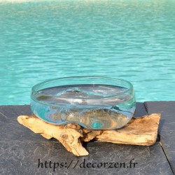 Terrarium, bonbonnière ou saladier à apéro en verre recyclé soufflé coulé en fusion sur du bois flotté.
