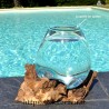 Verre à cocktail ou aquarium en verre recyclé soufflé en fusion sur du bois flotté, le vase est amovible pour le laver