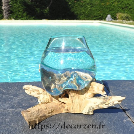 Verre à duo ou vase en verre recyclé soufflé sur du bois flotté, le verre est amovible pour le laver Verre à duo ou vase en verre recyclé soufflé sur du bois flotté, le verre est amovible pour le laver