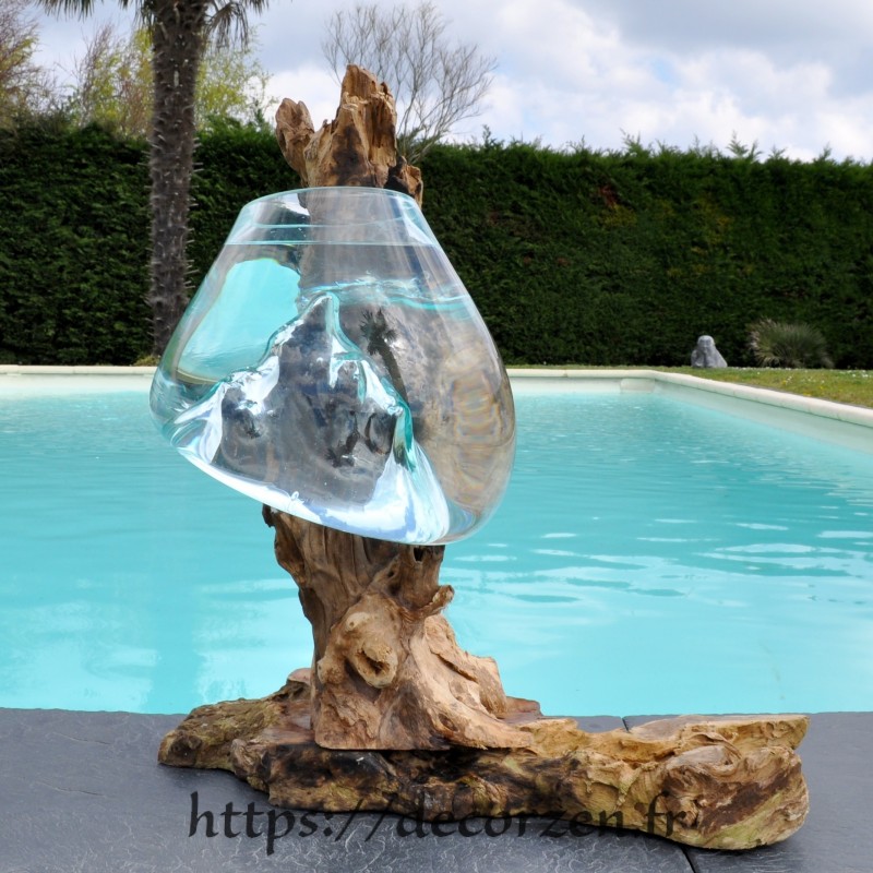 Un magnifique aquarium en verre recyclé soufflé sur du bois flotté.