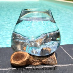 Verre à punch ou  aquarium en verre recyclé soufflé en fusion à la bouche sur du bois flotté, le vase est amovible pour le laver