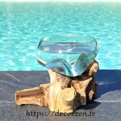 Terrarium ou ramequin apéro en verre recyclé soufflé en fusion sur du bois flotté. Le verre se sort et passe au lave-vaisselle