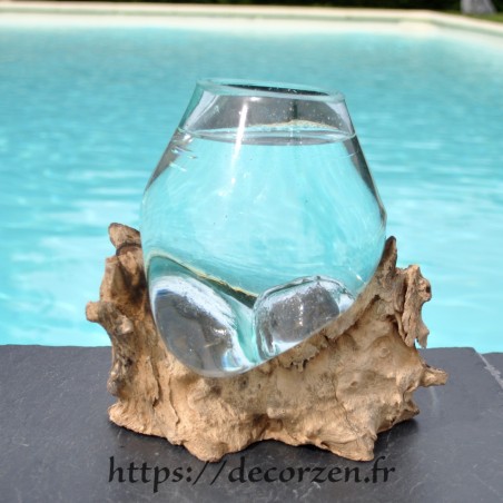 Verre à duo ou vase en verre recyclé soufflé sur du bois flotté, le vase est amovible pour le laver Verre à duo ou vase en verre recyclé soufflé sur du bois flotté, le vase est amovible pour le laver