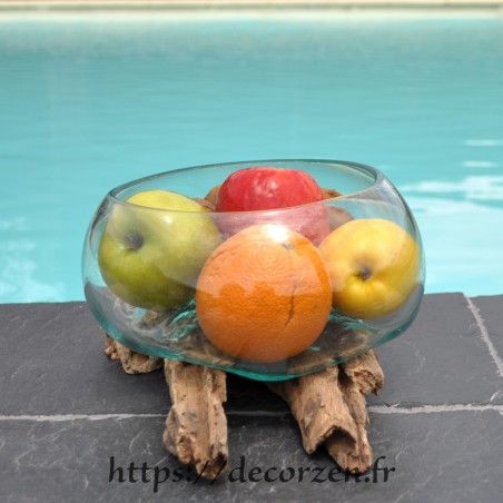 Terrarium, saladier ou ramequin en verre recyclé soufflé moulé en fusion sur du bois flotté. Terrarium, saladier ou ramequin en verre recyclé soufflé moulé en fusion sur du bois flotté.