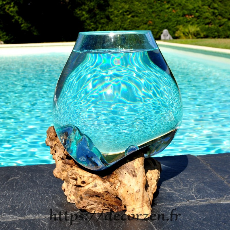 Aquarium ou  bol à punch en verre recyclé soufflé à la bouche en fusion sur du bois flotté, le vase est amovible pour le laver