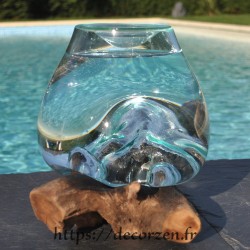 vase à hydroponie en verre recyclé soufflé en fusion sur du bois flotté, le vase est amovible pour le laver