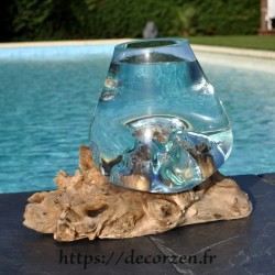 bol à cocktail ou  vase en verre recyclé soufflé en fusion sur du bois flotté, le vase est amovible pour le laver