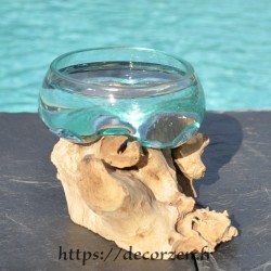 Terraraium ou ramequin apéro en verre recyclé soufflé en fusion sur du bois flotté. Le verre se sort et passe au lave-vaisselle