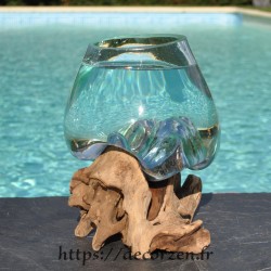 Verre à punch ou  vase en verre recyclé soufflé en fusion sur du bois flotté, le vase est amovible pour le laver