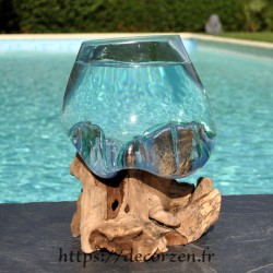 Bol à punch ou  aquarium en verre recyclé soufflé en fusion sur du bois flotté, le vase est amovible pour le laver