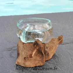 Terrarium ou ramequin apéro en verre recyclé soufflé en fusion sur du bois flotté. Le verre se lave au lave-vaisselle