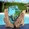Aquarium ou bol à punch en verre recyclé soufflé en fusion sur du bois flotté, le vase est amovible pour le lavage
