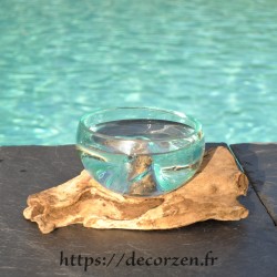 Terrarium ou ramequin apéro en verre recyclé soufflé en fusion sur du bois flotté. Le verre passe au lave-vaisselle.