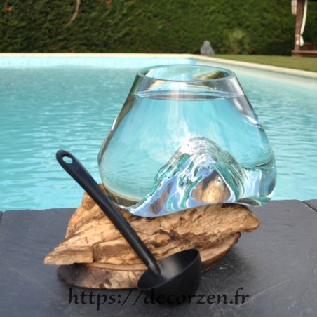 Bol à punch ou aquarium en verre recyclé soufflé en fusion sur du bois flotté, le vase est amovible pour le lavage Bol à punch ou aquarium en verre recyclé soufflé en fusion sur du bois flotté, le vase est amovible pour le lavage