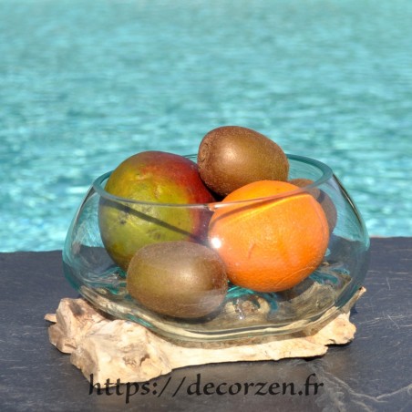 Terrarium, saladier ou ramequin en verre recyclé soufflé en fusion à la bouche sur du bois flotté. Terrarium, saladier ou ramequin en verre recyclé soufflé en fusion à la bouche sur du bois flotté.