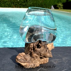 Vase ou terrarium en verre recyclé soufflé en fusion sur du bois flotté, le vase est amovible pour le laver