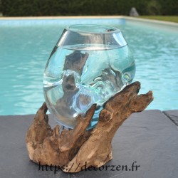 Petit bol à punch en verre recyclé soufflé en fusion sur du bois flotté, le vase est amovible