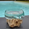 Terrarium, bonbonnière ou ramequin à apéro en verre recyclé soufflé en fusion sur du bois flotté.