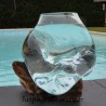 Aquarium ou vase en verre recyclé soufflé en fusion sur du bois flotté, le vase est amovible pour le lavage