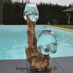 2 aquariums en verre recyclé soufflé en fusion directement sur du bois flotté, les verres sont amovibles pour le lavage