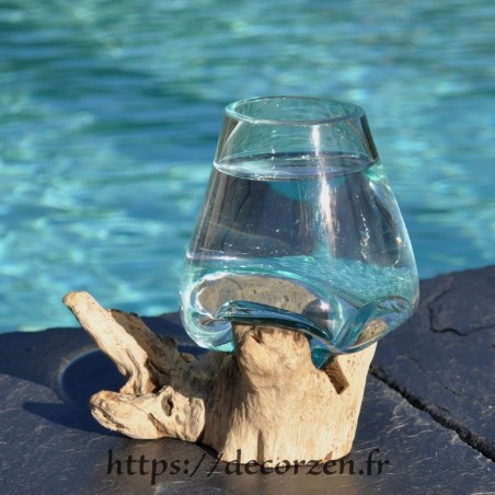Verre à duo ou vase en verre recyclé soufflé à la bouche en fusion sur du bois flotté, le vase est amovible pour le lavage Verre à duo ou vase en verre recyclé soufflé à la bouche en fusion sur du bois flotté, le vase est amovible pour le lavage