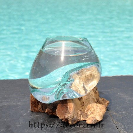 Verre à cocktail ou vase en verre recyclé soufflé à la bouche en fusion sur du bois flotté, le vase est amovible pour le lavage Verre à cocktail ou vase en verre recyclé soufflé à la bouche en fusion sur du bois flotté, le vase est amovible pour le lavage