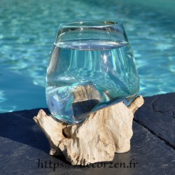 Verre à duo en verre recyclé soufflé  à la bouche en fusion sur du bois flotté, le vase est amovible