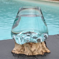 Bol à cocktail en verre recyclé soufflé en fusion sur du bois flotté, le vase est amovible