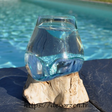 Verre à duo en verre recyclé soufflé à la bouche sur du bois flotté, le vase est amovible Verre à duo en verre recyclé soufflé à la bouche sur du bois flotté, le vase est amovible