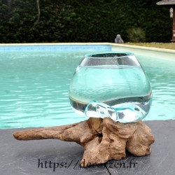 Bol à cocktail en verre recyclé soufflé en fusion sur du bois flotté, le vase est amovible