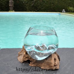 Bol à cocktail ou  vase en verre recyclé soufflé en fusion sur du bois flotté, le vase est amovible pour le lavage