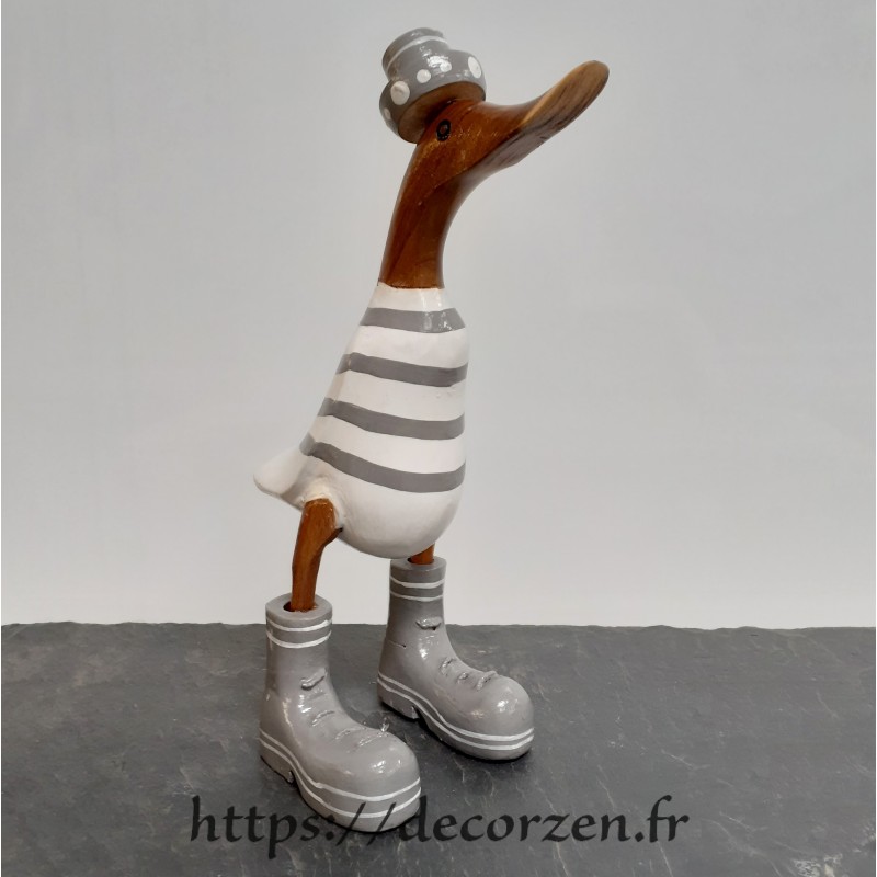 Canard en bois en marinière grise sculpté à la main