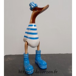 Canard en bois en marinière bleue sculpté à la main
