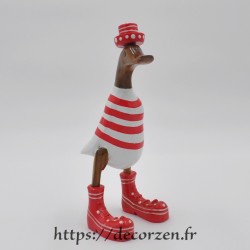 Grand canard humoristique en marinière blanche et rouge, en bois sculpté CB211.003