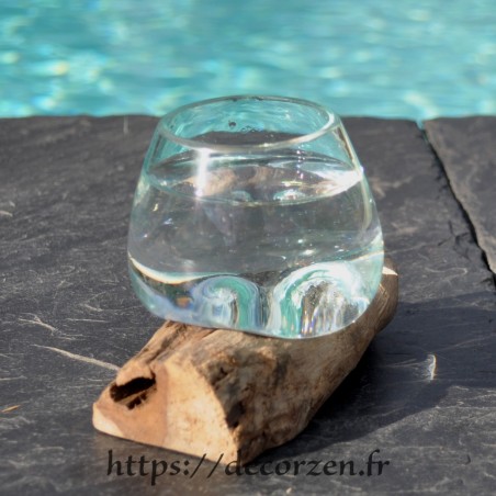 Diffuseur de parfum en verre recyclé soufflé à la bouche en fusion sur du bois flotté, le vase est amovible pour le lavage