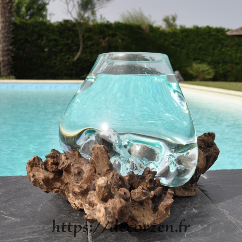 Aquarium ou  vase en verre recyclé soufflé à la bouche en fusion sur du bois flotté, le vase est amovible pour le lavage