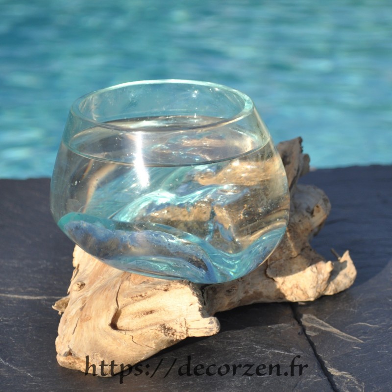 Terrarium ou ramequin apéro en verre recyclé soufflé en fusion sur du bois flotté. Le verre se sort et passe au lave-vaisselle
