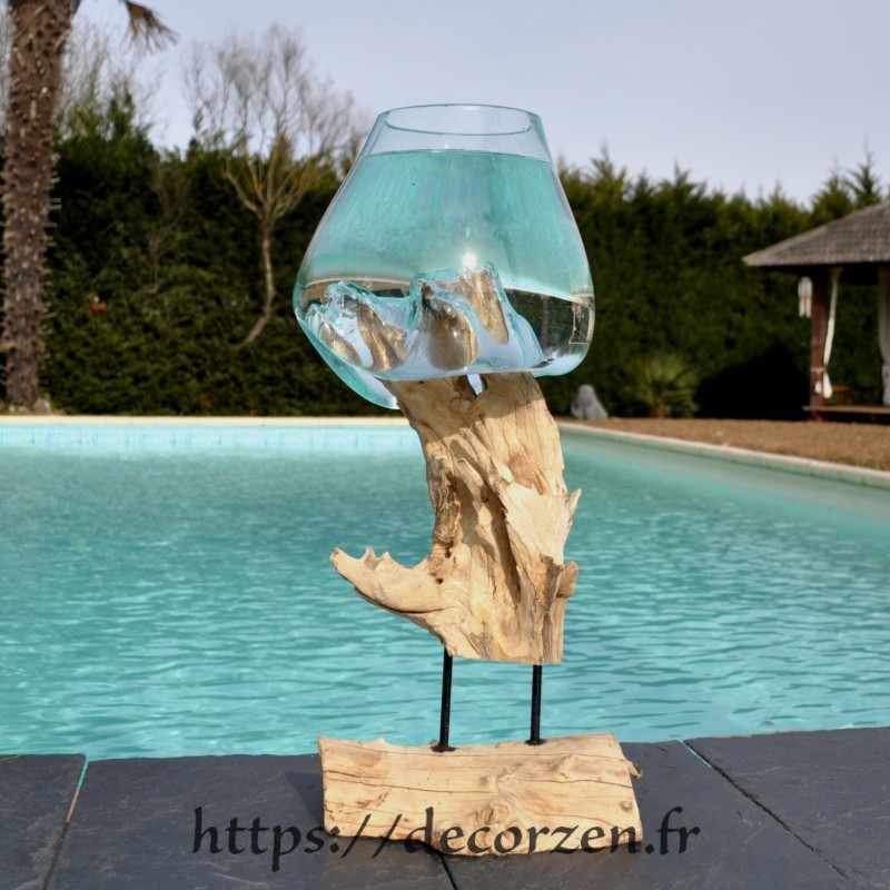 Aquarium ou bol à punch en verre soufflé en fusion sur du bois flotté