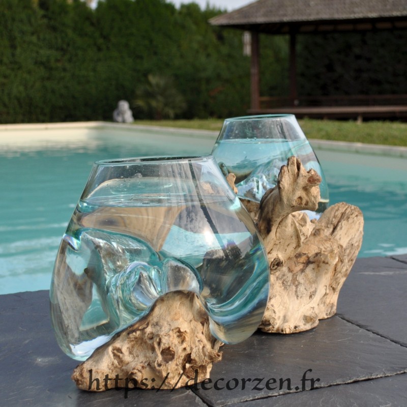 2 aquariums en verre recyclé soufflé en fusion directement sur du bois flotté, les verres sont amovibles pour le lavage