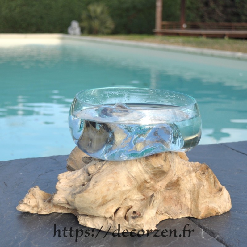 Un terrarium, saladier ou ramequin en verre recyclé soufflé coulé en fusion sur du bois flotté.