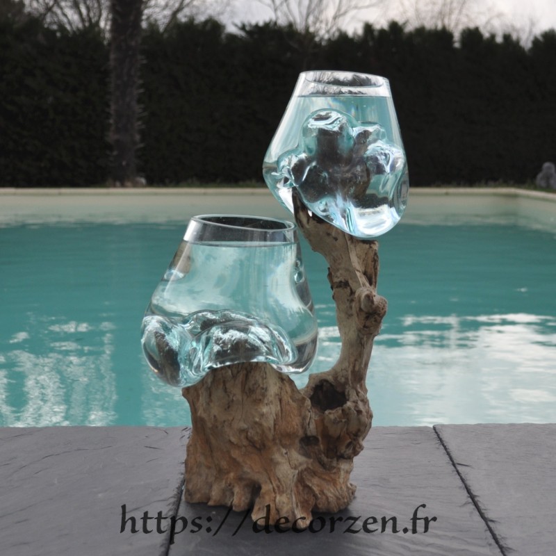 Deux petits aquariums en verre recyclé soufflé en fusion directement sur du bois