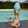 1 vase et un terrarium en verre recyclé soufflé en fusion directement sur du bois flotté, les verres sont amovibles