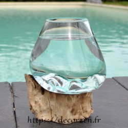 Verre à cocktail ou  vase en verre recyclé soufflé à la bouche en fusion sur du bois flotté, le vase est amovible pour le laver