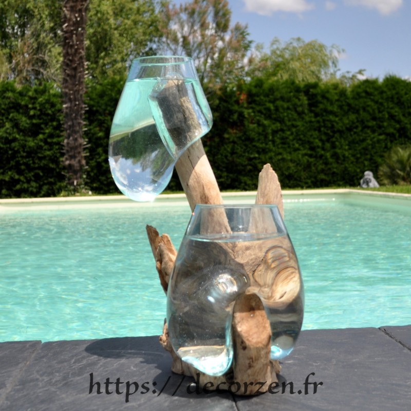 2 aquariums en verre recyclé soufflé en fusion directement sur du bois flotté, les vases sont amovibles pour les laver
