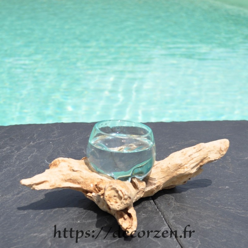 Terrarium ou ramequin apéro en verre recyclé soufflé en fusion sur du bois flotté