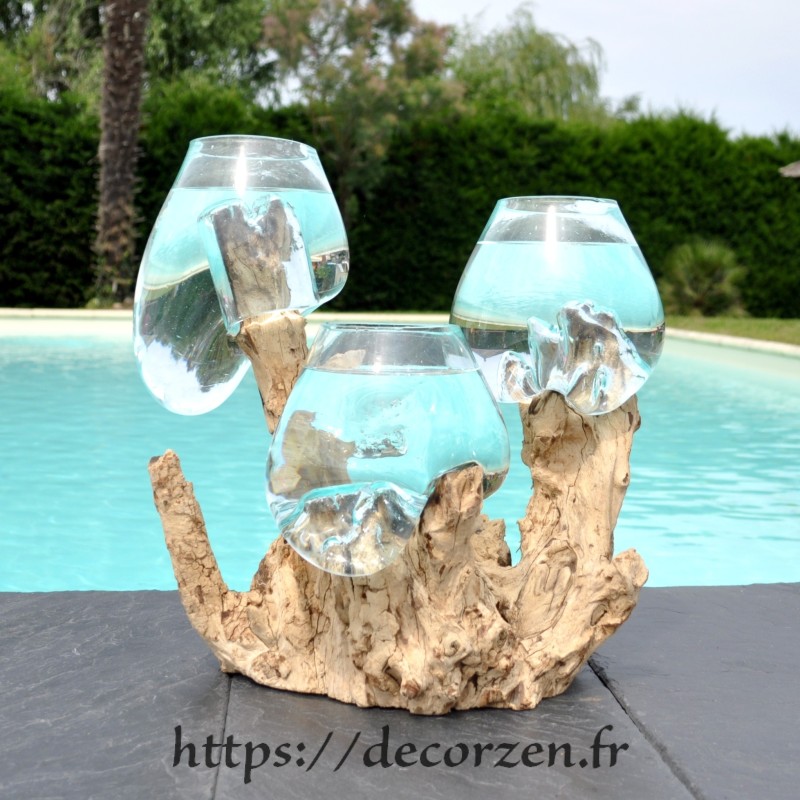 Vase en verre avec base en bois - Rond - 12 x 13 cm - Boules et Suspensions  verre - Creavea